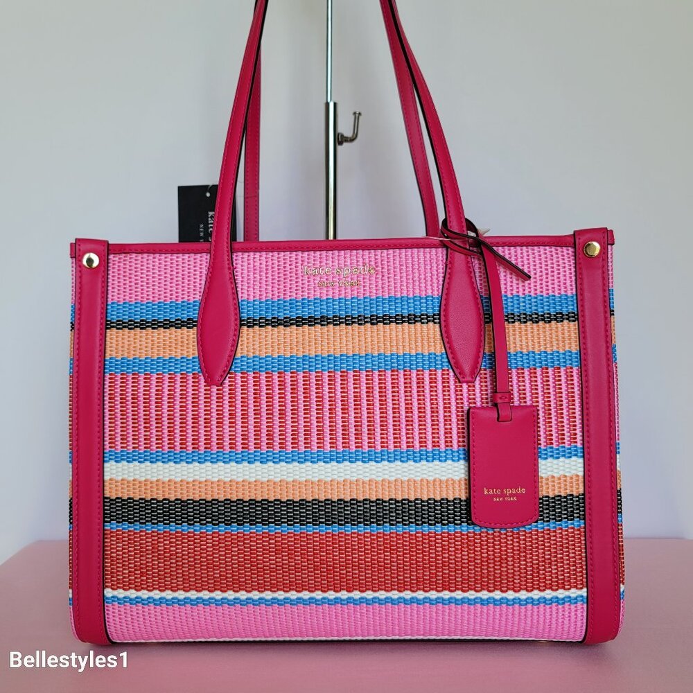 KATE SPADE Market Striped Woven Straw Medium Tote Bag-Wild Raspberry Multi⭐